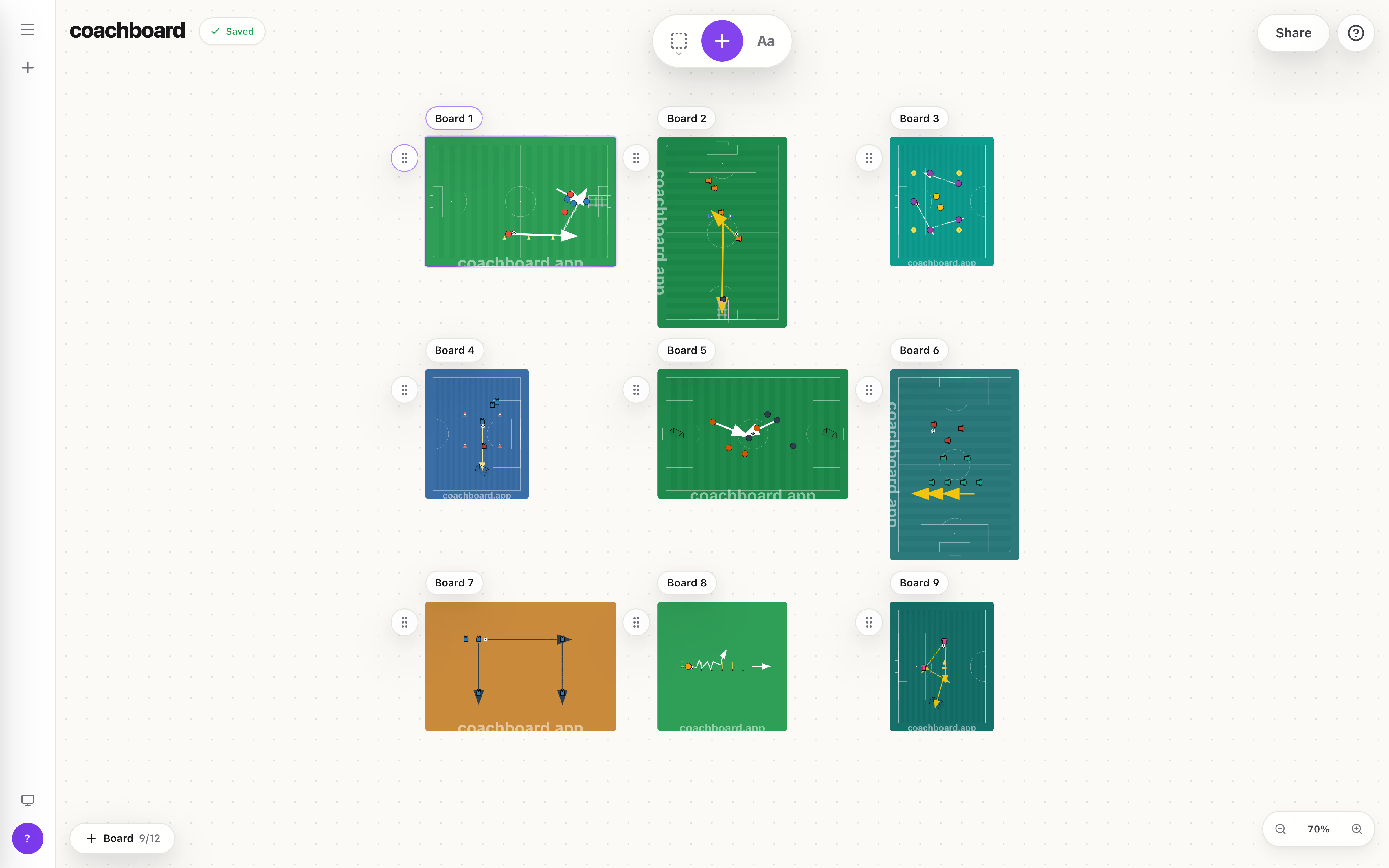 A canvas of nine boards in a 3-by-3 grid — full and half surfaces and plain courts in different colours — each set up as its own drill with players, arrows and zones