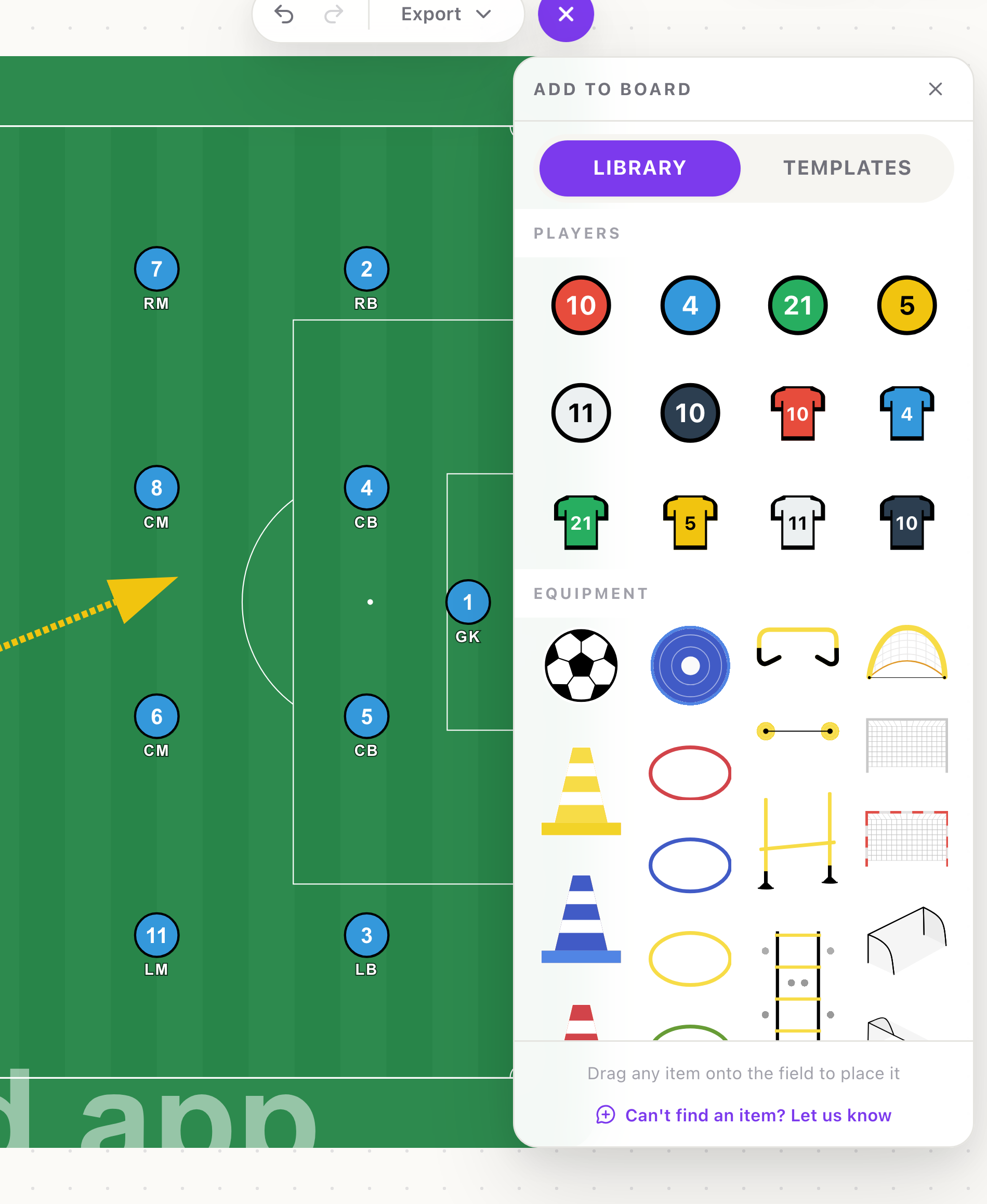 The Add to board picker, showing tabs for the library and templates with players, jerseys and equipment to drag onto the board